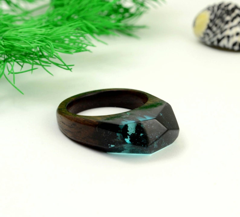 Wood jewelry Women wood rings Blue resin ring Blue crystal ring gift for her to order any size Mountain resin Ring Black wood ring