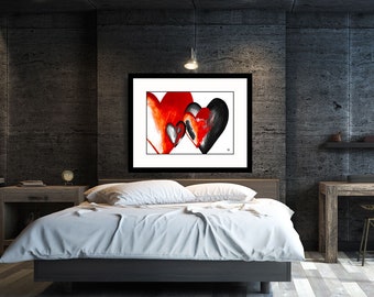 Valentines red and black hearts abstract wall art print "Key To My Heart"2