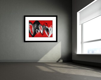 Valentines red and black hearts abstract wall art poster print "Secret Hearts"2