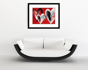 Valentines red and black hearts abstract wall art poster print "Secret Hearts"1