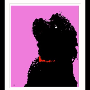 Könnte beinhalten: Eine schwarze Silhouette eines Hundes mit einem roten Halsband vor einem rosa Hintergrund.