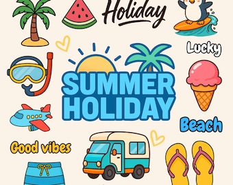 Summer Holiday Clipart Bundle – Cute Beach & Vacation PNGs, Kawaii Style, Digital Download, Printable sticker