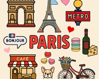Paris Clipart printable  – 52 Cute Paris Stickers PNG | paris illustrations | Kawaii style, Landmarks, cityscape etc | Digital Download