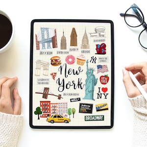 Conjunto de pegatinas digitales de Nueva York, pegatinas de GoodNotes, imágenes prediseñadas de Nueva York, pegatina digital precorteada, imágenes prediseñadas, newyork, nyc, pegatina de Nueva York