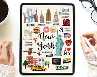 New York digital STICKERS Set, GoodNotes stickers, New York clip art,  Pre-cropped digital sticker, clipart, newyork, nyc, new york sticker