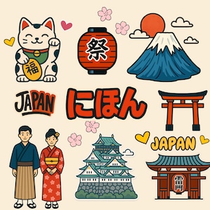 Japanse clipartbundel – 54 schattige Japanse stickers, png | Kawaii-eten, monumenten | Digitale download voor scrapbooking, Tokio, Osaka, Kyoto