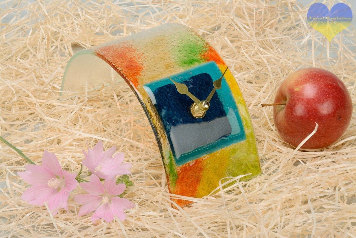 Glass Office Clock, Table Clock, Desk Clock, Wedding Gift Clock, Rainbow Clock, Wall Glass Clock