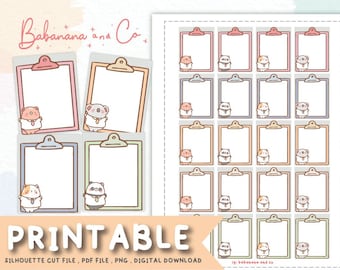 May include: Printable digital planner stickers featuring cute animal illustrations. The stickers are designed to look like clipboard notes with a variety of pastel colors and animal characters. The text "Babanana and Co" and "PRINTABLE" are included in the image.