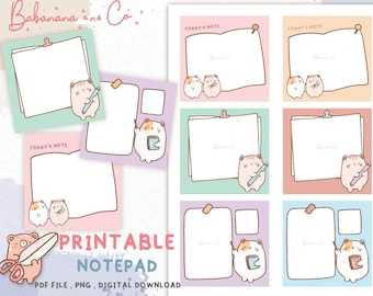 May include: A digital printable notepad with a cartoon hamster design. The notepad features blank spaces for notes and comes in pastel shades of pink, green, and purple. Some notepads have the text "Today's Note". The words "Printable Notepad" are also visible in the image.