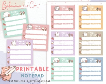 Puede incluir: Bloc de notas imprimible con un esquema de color pastel con lindas ilustraciones de conejos y cupcakes. El bloc de notas tiene el texto "Happy Notes" en cada página y está etiquetado como "Bloc de notas imprimible".