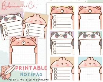 May include: Printable notepad featuring nine different designs with cute animal characters. Each design has a blank space for writing notes or lists. The notepad is labelled "Printable Notepad" and "PDF File, PNG, Digital Download".