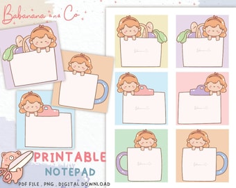 Puede incluir: Bloc de notas imprimible con una linda niña de dibujos animados con un lazo rosa y una taza. El bloc de notas tiene un esquema de color pastel e incluye 9 diseños diferentes.