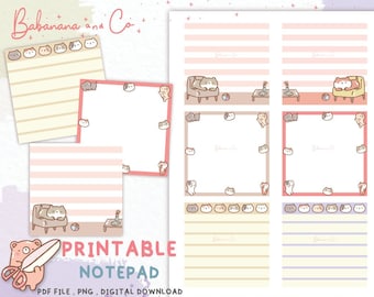 May include: Printable notepad featuring a cat theme. The notepad includes a selection of pages with various designs, such as lined pages, blank pages, and pages with a cat illustration. The notepad is ideal for taking notes, making lists, or jotting down ideas.