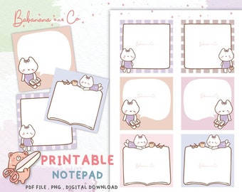 May include: Printable notepad featuring a cute cat design with a pink, purple and white colour scheme. The notepad has eight pages with different cat illustrations and space for writing.