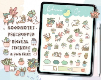 Hand Drawn Cats Plants Digital Stickers | Kawaii Planner PNG Files (Digital Download)