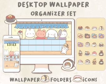 Könnte beinhalten: Ein Desktop-Hintergrund-Organizer-Set mit einem niedlichen Cartoon-Thema. Das Set enthält eine Tapete mit blauem und weißem Hintergrund, auf der Comic-Tiere zu sehen sind, einen Satz Ordner mit Comic-Sushi und einen Satz Icons mit Comic-Sushi und Tieren.