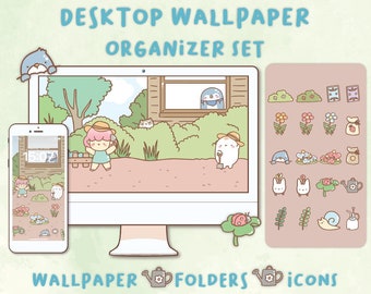 Könnte beinhalten: Ein Set digitaler Desktop-Hintergründe, Ordner- und Symbol-Designs mit niedlichen Comicfiguren in einer Gartenlandschaft. Das Set enthält ein Desktop-Hintergrundbild mit einem Haus, Bäumen und einem Mädchen mit einer Gießkanne, ein Ordnersymbol mit einer Gießkanne und eine Reihe von Symbolen mit verschiedenen Gartenmotiven.