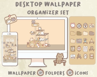 Organiseur de papier peint de bureau de chats mignons | Organiseur Mac et Windows | Icônes des dossiers du bureau Mac et Windows|Icônes et fonds d'écran du bureau