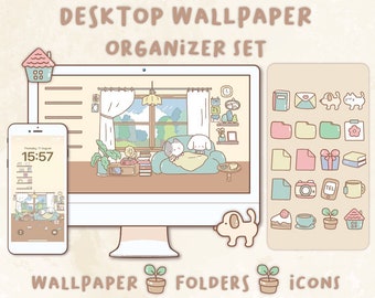 Könnte beinhalten: Ein Set digitaler Desktop-Organizer-Icons im niedlichen Cartoon-Stil. Das Set enthält eine Tapete mit einer gemütlichen Wohnzimmer-Szene, Ordner mit verschiedenen Designs und Icons für gängige Desktop-Funktionen. Die Icons sind in Pastellfarben gehalten und zeigen niedliche Tierfiguren.