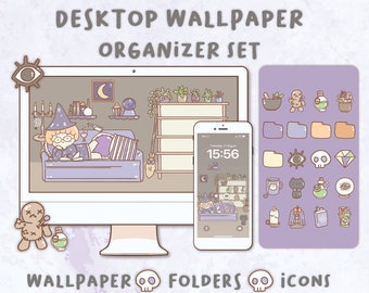 Organizador de papel de parede de bruxa fofa | Organizador para Mac e Windows | Ícones de pasta da área de trabalho do Mac e Windows|Ícones e papéis de parede da área de trabalho
