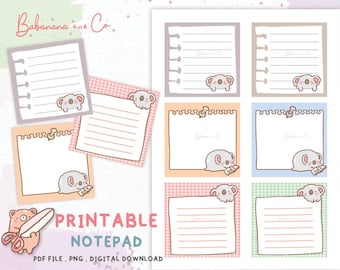 Hoja de notas Kawaii imprimible, bloc de notas digital para descargar, bloc de notas imprimible bonito, hojas de notas, artículos de papelería bonitos para imprimir, descarga instantánea