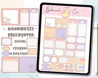 Könnte beinhalten: Ein digitales Sticker-Set für Goodnotes in Pastell-Pfirsich und Lila mit Cartoon-Hasen-Illustrationen. Das Set enthält verschiedene Formen, Checklisten und Notizfelder sowie den Text Babanana and Co, Goodnotes, Precropped, Digital, Stickers und PNG Files.