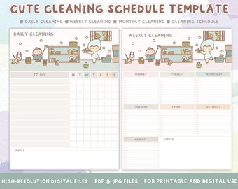 Cute Cleaning Schedule Template, Printable Chore List (Digital Download)