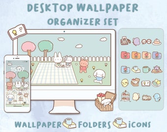 Könnte beinhalten: Ein Desktop-Wallpaper-Organizer-Set mit hellblauem Hintergrund und Cartoon-Charakteren. Das Set enthält einen Computermonitor, ein Smartphone und eine Sammlung von Symbolen und Ordnern. Der Text auf dem Bild lautet "Desktop Wallpaper Organizer Set", "Wallpaper", "Folders" und "Icons".