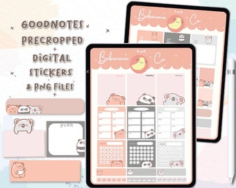May include: Digital planner stickers and PNG files for GoodNotes featuring Babanana and Co branding. The set includes tablets displaying weekly layouts with bear, panda, and koala illustrations, calendar grids, memo boxes, and various decorative labels.