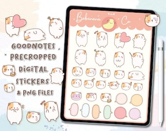 May include: A digital sticker sheet displayed on a tablet screen featuring various cartoon hamster characters in white and orange with pink accents. The sheet includes text reading Babanana and Co, GOODNOTES PRECROPPED DIGITAL STICKERS & PNG FILES.