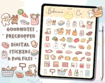 May include: A digital tablet displaying a sheet of pre-cropped grocery-themed stickers featuring cute animals and food items. The text Babanana and Co is at the top. Surrounding the tablet are individual sticker illustrations and the text GOODNOTES PRECROPPED DIGITAL STICKERS & PNG FILES.