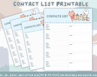 May include: Printable contact list template with a light blue background and cute cartoon animal illustrations. The template includes sections for name, phone number, email, address, and notes. The alphabet is listed at the top of the page.