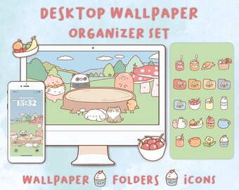 Könnte beinhalten: Ein Desktop-Hintergrund-Organizer-Set mit einem niedlichen Cartoon-Tier-Thema. Das Set enthält ein Hintergrundbild mit einer Waldszene, ein Ordnersymbol mit einem Cupcake und Symbole mit verschiedenen niedlichen Tieren und Objekten.