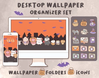 Organizador de papel de parede fofo de Halloween | Organizador para Mac e Windows | Ícones de pasta da área de trabalho do Mac e Windows|Ícones e papéis de parede da área de trabalho