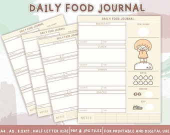 Daily Food Journal,Printable Daily Food Journal,Daily Food Planner,Meal Journal, Meal Tracker,Calorie Tracker,Instant Download,Organizer,PDF