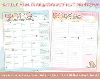 Weekly Meal Plan & Grocery List Printable, Food Journal (PDF, JPEG)