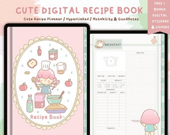 Cute Digital Recipe Book,Meal Planner,Recipe Journal,Digital Cookbook for iPad,Template for Goodnotes,Notability,DigitalHyperlinked PDF