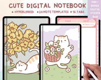 Digital Illustrated cats&flowers Designs Note Taking Template, Hyperlinked Tabs for GoodNotes, Notability, Digital Notes Template