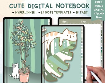 Digital Illustrated cats&plants Designs Notebook,Hyperlinked Tabs for GoodNotes Notability,Digital Notebook with Tab,Digital Notes Template