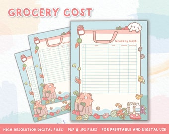 Printable Grocery List – Budget Planner, Cute Kawaii Design (Digital Download)