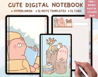 May include: A digital notebook with a cute bear and cat illustration. The notebook has 12 note templates and 12 tabs. It is hyperlinked and includes a free bonus digital sticker book.