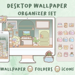 Puede incluir: Un conjunto de papel tapiz de escritorio digital, iconos de carpetas e iconos de aplicaciones con un tema de rana de dibujos animados lindo. El fondo de pantalla muestra una rana de dibujos animados sosteniendo libros en una habitación con una computadora, un escritorio y estantes. Los iconos de carpetas son de varios colores y presentan una rana de dibujos animados en cada uno. Los iconos de aplicaciones son de varios colores y presentan una variedad de animales y objetos de dibujos animados.