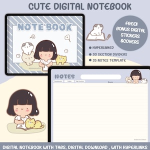 Kawaii Digital Notebook PDF | 30 Hyperlinked Tabs, 35 Templates (Digital Download)