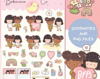 Adesivos digitais fofos de melhores amigas desenhados à mão | PNGs pré-recortados | Livro de adesivos para planner Goodnotes