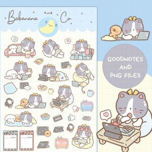May include: A set of digital stickers featuring a cartoon cat with a crown, using a laptop, tablet, and phone. The stickers are in a pastel color scheme and include various accessories like headphones, a coffee cup, and a snack. The text "GOODNOTES AND PNG FILES" is also included.