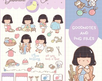 Adesivos digitais fofos desenhados à mão com a frase "Eu amo tricotar" | PNGs pré-recortados | Livro de adesivos para planner Goodnotes