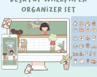 Könnte beinhalten: Ein Desktop-Wallpaper-Organizer-Set mit einem Computermonitor und Smartphone, die eine Cafészene anzeigen. Enthält Symbole, Ordner und eine Katzenillustration. Text lautet "Desktop Wallpaper Organizer Set", "Wallpaper", "Folders" und "Icons".