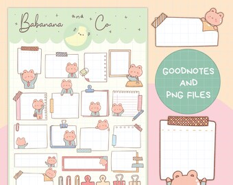 May include: A digital sticker sheet featuring Babanana and Co branding, including various memo pads, grid-lined notes, and binder clips decorated with cartoon bears in ties. The set includes Goodnotes and PNG files with colorful washi tape strips.