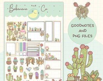 May include: A digital sticker sheet featuring Babanana and Co branding, various potted cactus and succulent illustrations, blank rectangular memo boxes, and a character watering plants. Includes text Goodnotes and PNG files.