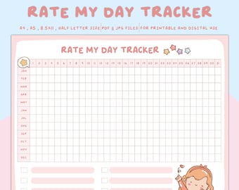 Bewerten Sie meinen Tag Druckvorlage, tägliches Bewertungslog, Stimmungstracker, Bullet Journal, Jahr in Pixel, Sofort Download PDF